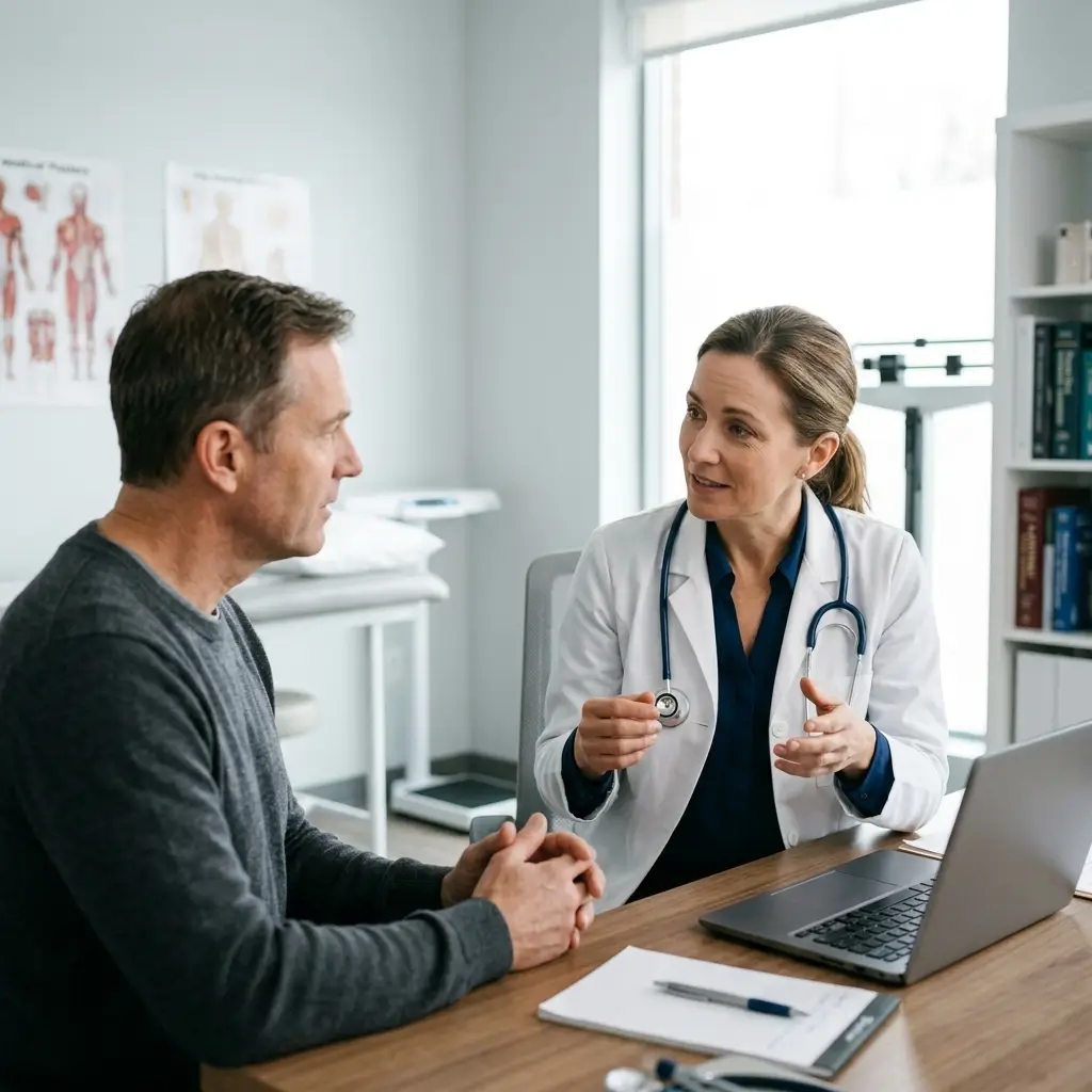 Médecin en consultation avec un patient anglophone lors d'un cours d'anglais médical individuel
