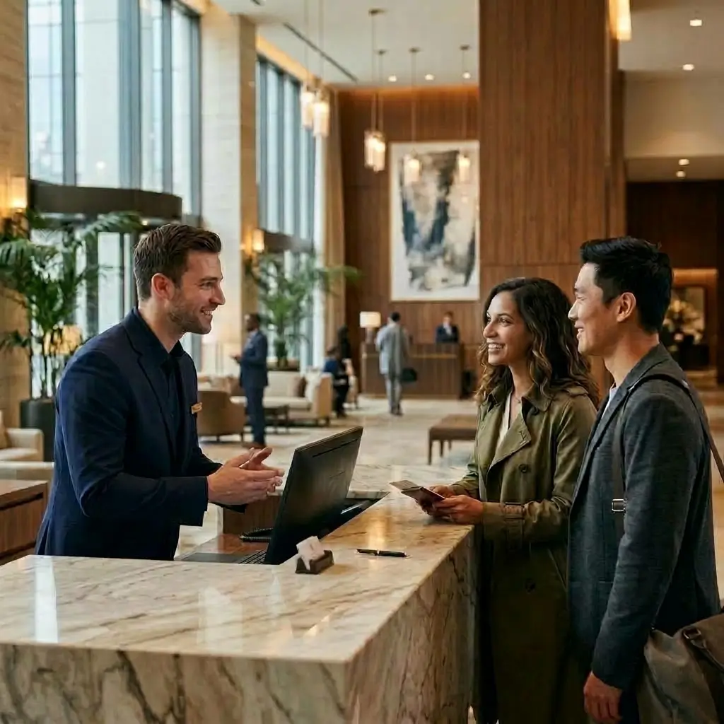 Réceptionniste accueillant des clients internationaux en anglais dans le hall d'un hôtel