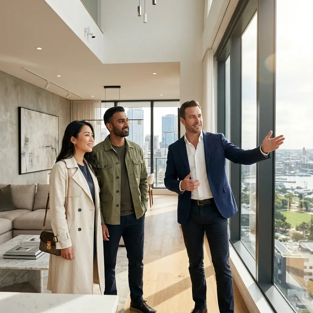 Agent immobilier en visite avec des acheteurs internationaux anglophones
