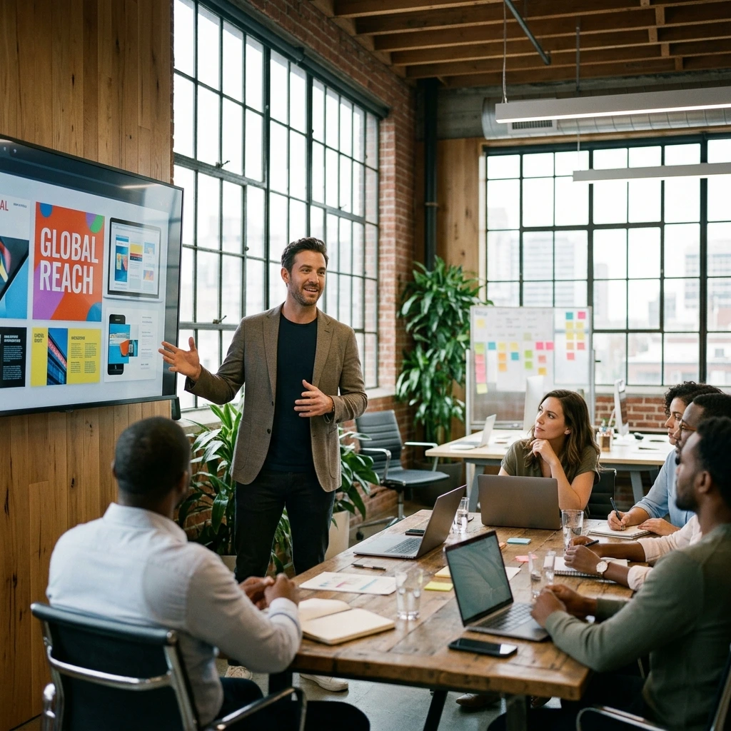 Pro de la communication en train de pitcher ou de présenter en anglais devant un auditoire
