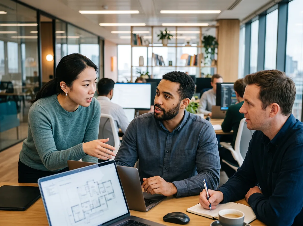 Équipe informatique discutant autour de deux ordinateurs portables.